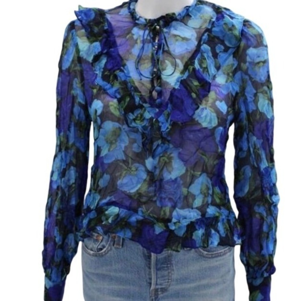 The Kooples Blue Floral Ruffle Tie Neck Blouse Long Sleeve Sheer Top Small NWT